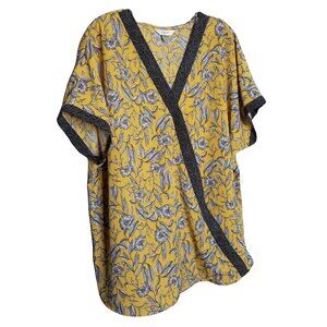 CJ Banks Size 2X Blouse Vibrant Floral Print Faux Wrap Tunic Short Kimono Sleeve